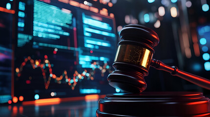 Gavel and Digital Data Screen: Law and Technology Concept