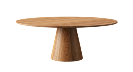 A graceful oval wood dining table with a unique, elegant, conical pedestal base, showcasing minimalist design and natural warmth.