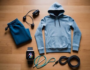 A flat lay of blue athletic wear, including a hoodie and sweatpants, alongside fitness accessories.