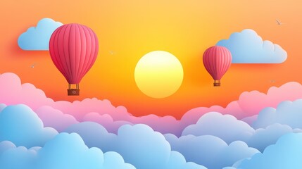 Naklejka premium Hot Air Balloon and Cloudscape at Sunset