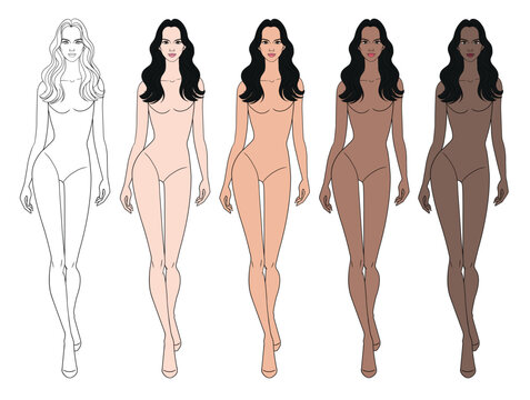 Fashion colored skin tone figure walking with curly long hair woman in vector.