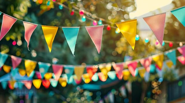 Vibrant banner flags strung up outdoors, hanging from a pole, adding festive atmosphere
