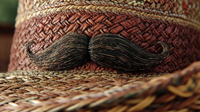 A sombrero with a straw hat style, featuring a unique mustache design on the front brim.