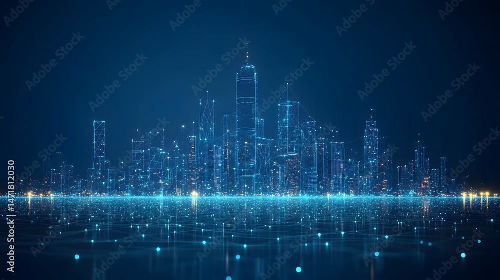 Aufkleber futuristic city bathed in blue, showcasing interconnected buildings with glowing outlines and digita