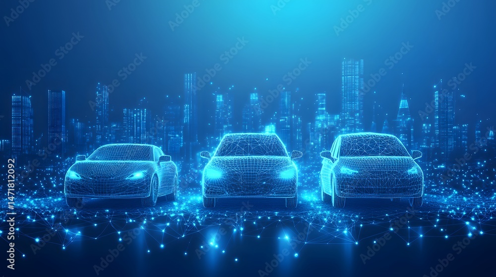 Leinwandbilder futuristic cityscape featuring wireframe cars and interconnected networks. a vibrant display of tech