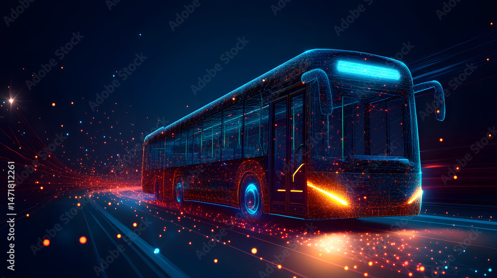 Poster futuristic bus speeds down a digital highway, its glowing lines illuminating the path. high-tech des