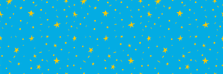Hand drawn simple sprinkle seamless pattern with yellow confetti and stars on blue background. Vector Illustration for holiday, party, birthday, invitation.