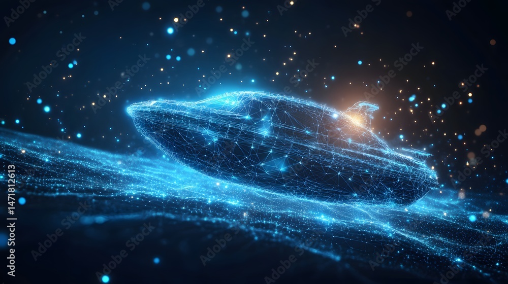 Aufkleber futuristic blue wireframe boat sails on a digital sea amid glowing particles, creating a tech-driven