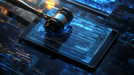 Gavel on Digital Tablet with Blue Code Display