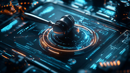 Gavel on Futuristic Circuit Board: Digital Justice Concept