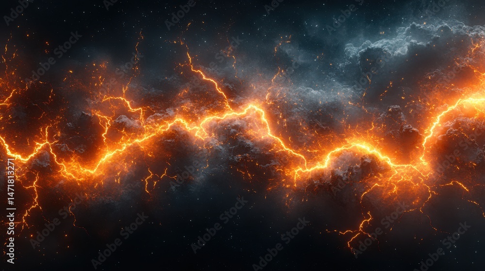 Poster dark void background with fractured orange lightning-like streaks, energetic and powerful abstract c