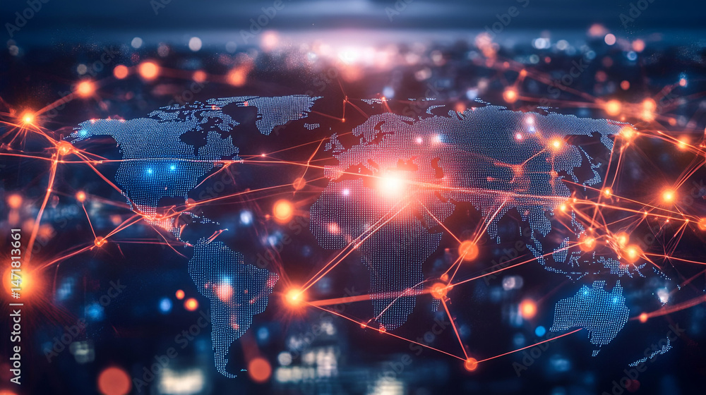 Poster global network connections: digital world map with glowing nodes and lines