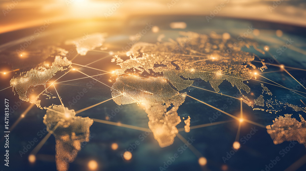 Poster global network connections: golden world map with digital links