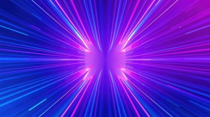Vibrant purple and blue neon light rays converge at the center, creating a symmetrical, dynamic effect