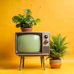 Vintage Television with Plants: A vibrant composition features a vintage television set adorned with flourishing plants against a vivid yellow backdrop.