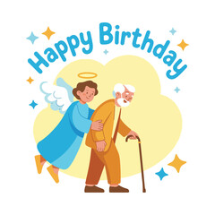 Flat vector collection for Be An Angel Day showing cute angel characters helping others, giving food, supporting animals, environmental acts, minimal style, solid colors only, no raster or gradient