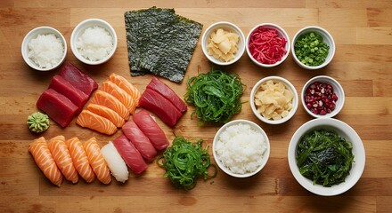 A diverse collection of sushi-themed visuals—from traditional nigiri and fusion rolls to cute characters, abstract art, fantasy worlds, and futuristic settings, capturing sushi in every creative form.