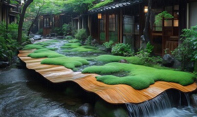 Moss River Wooden Bridge in Japanese Garden