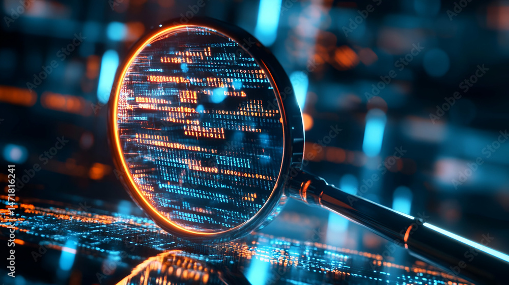 Poster glowing magnifying glass over digital code data abstract background