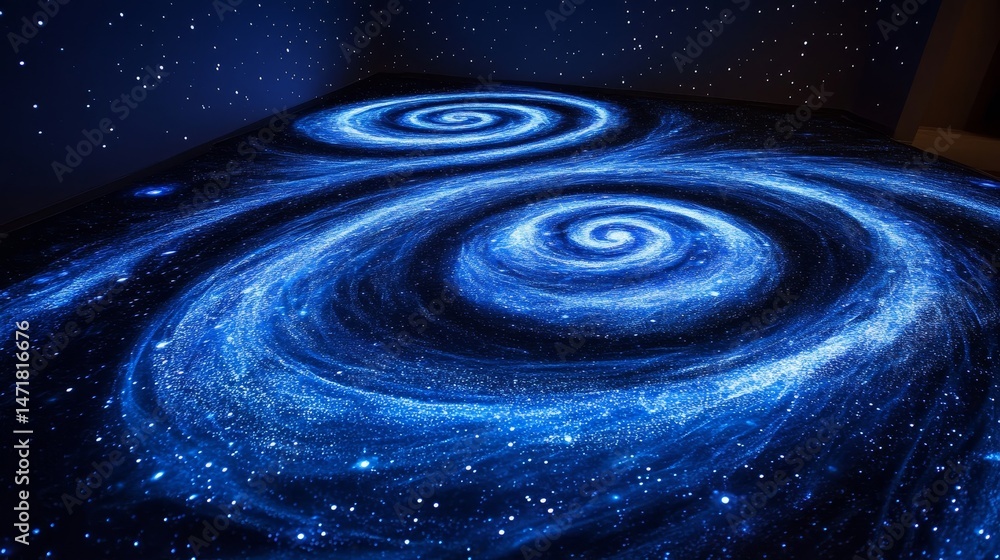 Poster cosmic spiral patterns on a dark surface.