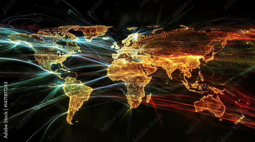 Poster glowing world map with data flow connections