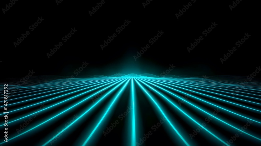 Poster the image contains a dark background with bright teal lines radiating outwards from a central point,