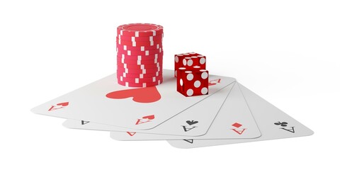 Stack of red casino chips or tokens and two red casino dice with four aces playing cards over white background
