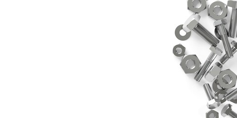 Border of stainless steel metal screws, nuts, bolts and washers on white background, flat lay top view from above with copy space