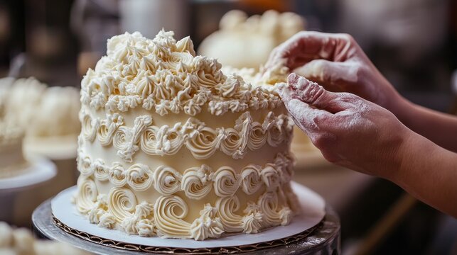 Expert hands frost a beautiful cake
