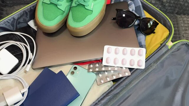 Slow zoom-in on packed suitcase showing travel essentials including shoes, laptop, phone, passports, sunglasses, medications, and chargers.