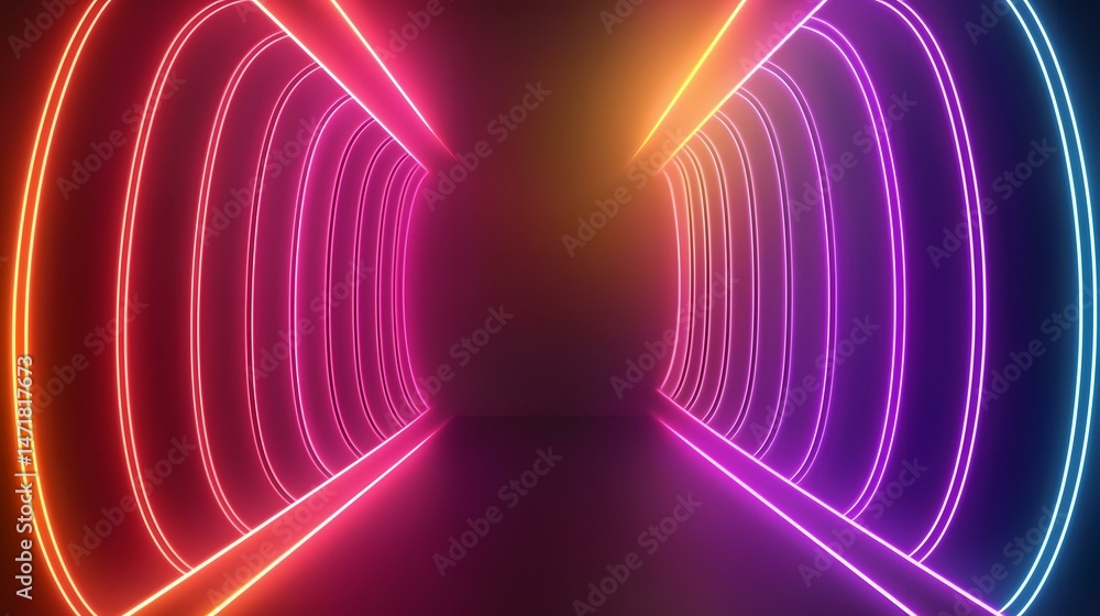 Poster the image contains a dark, abstract scene with a tunnel-like structure formed by glowing neon lines 