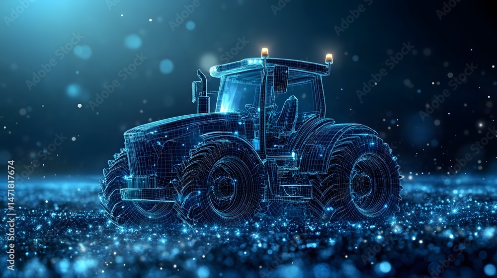 Poster striking blue wireframe tractor illustration against a bokeh background. modern farm technology meet