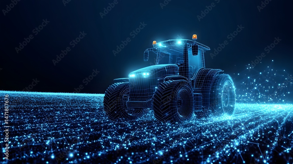 Aufkleber futuristic tractor wireframe on a digital field. blue grid and glowing lights suggest advanced techn