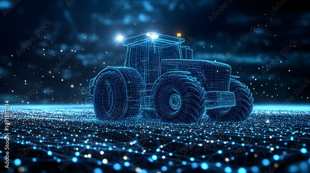 Fototapete blue wireframe tractor with illuminated headlights and orange beacon navigates a network data field.