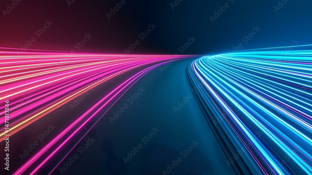 Poster the image shows a dark background with bright pink and blue streaks of light curving and converging 
