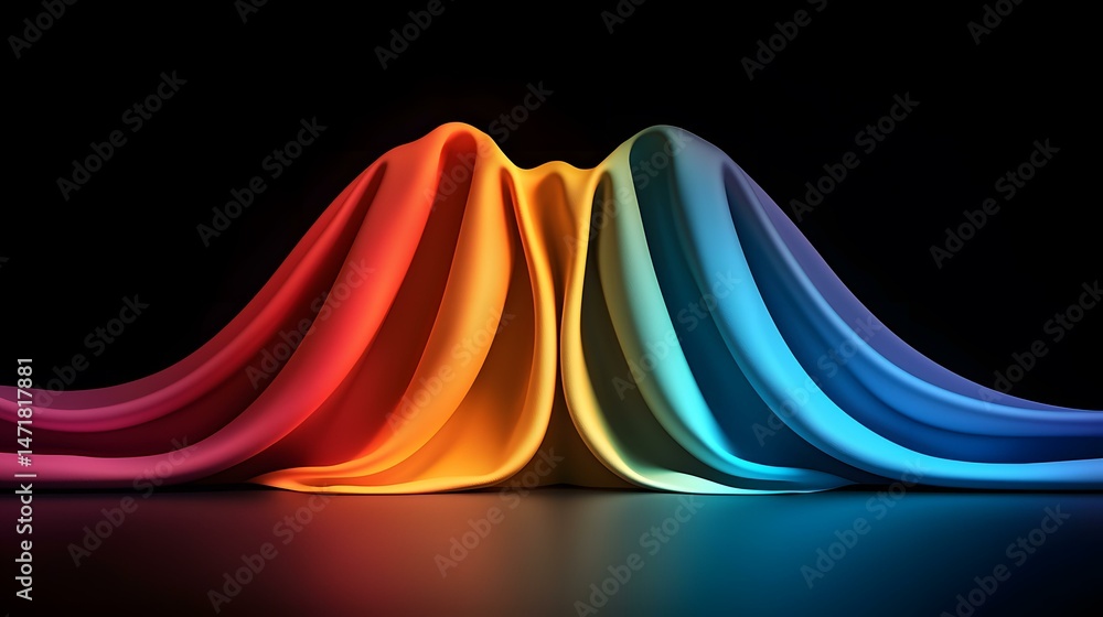 Poster a dramatically draped, rainbow-hued fabric forms a central peak against a stark black background, cr