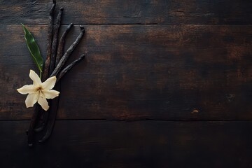 Aromatic Vanilla Pods and Flower on Dark Wood