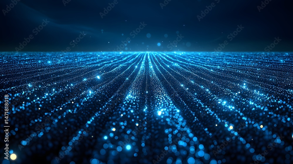Aufkleber Futuristic digital network landscape featuring glowing blue orbs arranged in receding lines against a dark expanse. Represents data streams and technological advancement. Abstract dark blue wireframe