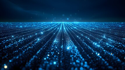 Futuristic digital network landscape featuring glowing blue orbs arranged in receding lines against a dark expanse. Represents data streams and technological advancement. Abstract dark blue wireframe