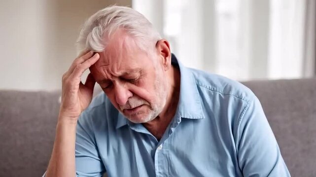 A senior man sits on a couch at home suffering from a headache or migraine