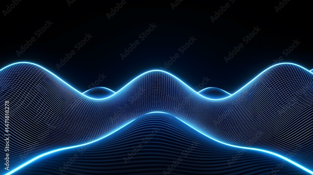 Poster the image contains a dark background with a series of glowing blue, undulating, gridded waves.a vibr