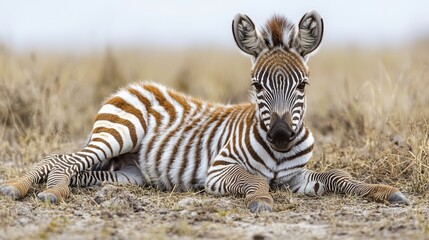 Fototapeta premium Young zebra lying down with legs tucked under, looking at camera with playful expression, isolated on white