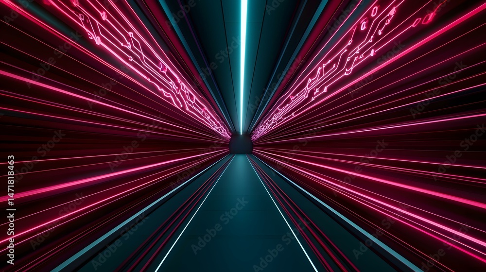Poster the image shows a futuristic, abstract tunnel with vibrant pink and teal neon lights creating a sens