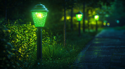Glowing green lamps illuminate a path in the dark with lush green bushes and trees around it