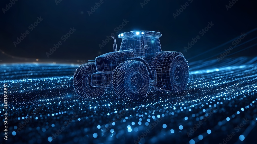Aufkleber futuristic blue wireframe tractor stands out against a dark backdrop. glowing orbs create an intrigu