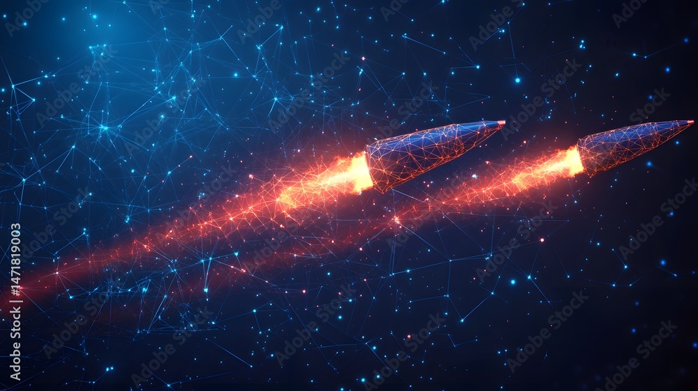 Aufkleber digital rockets soar through a futuristic network, leaving fiery trails. a vibrant display of techno