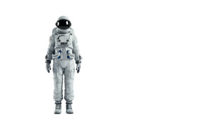 Astronaut poised against stark darkness