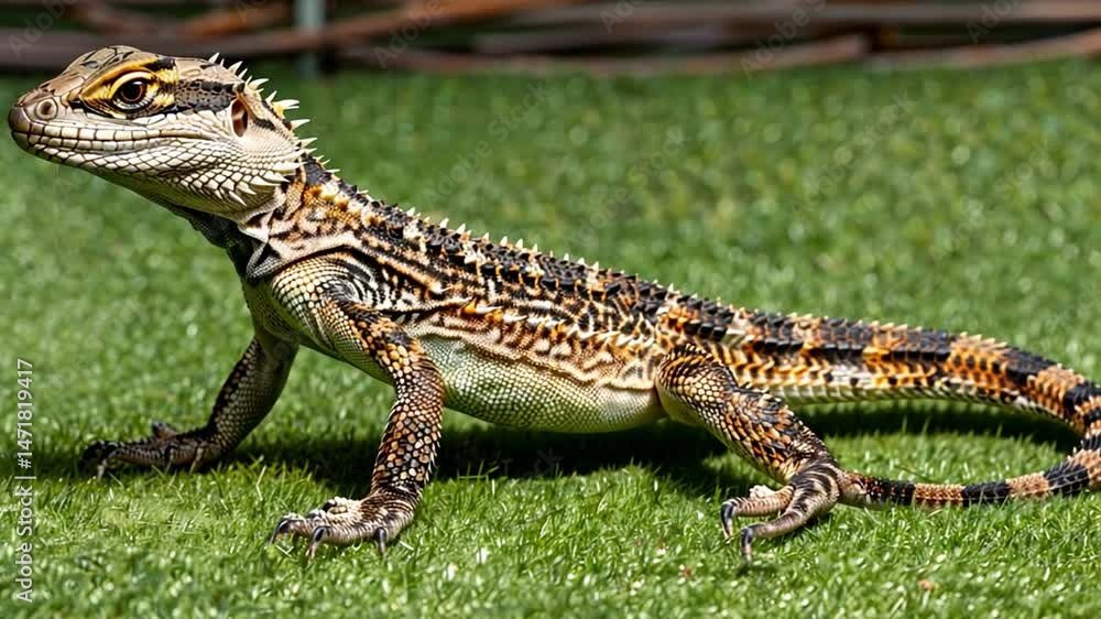 Poster curious colorful lizard on green grass vibrant reptile showcasing unique scales and patterns in natu