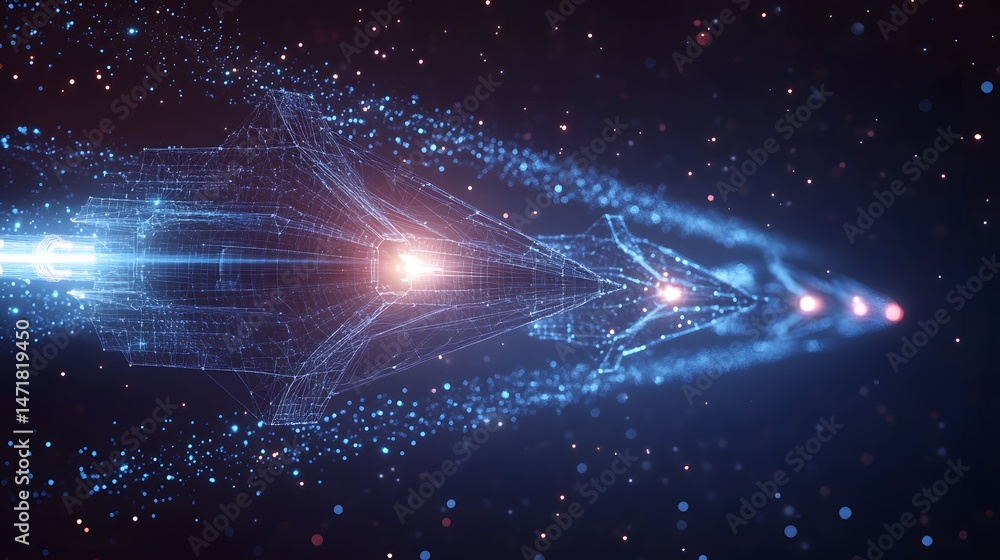Poster futuristic spacecraft hurtles through space. wireframe design, glowing particles suggest speed. stri