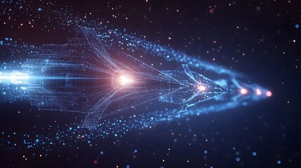 Naklejka premium Futuristic spacecraft hurtles through space. Wireframe design, glowing particles suggest speed. Striking blue and orange palette evoke a sense of advanced technology. Abstract dark blue wireframe